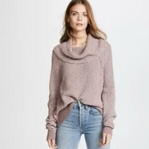 Free People By Your Side Sweater Mauve Waffle Knit Cowl Neck Off the Shoulder S